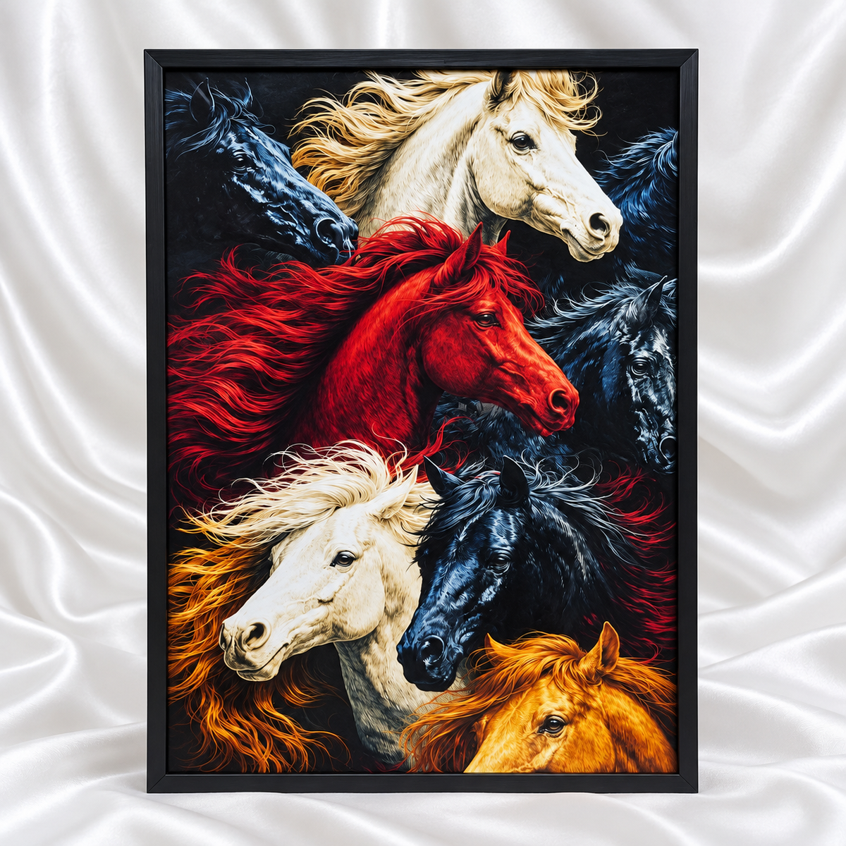 Luxury framed horse wall art featuring vibrant red, white, black and golden horses against a dramatic dark background
