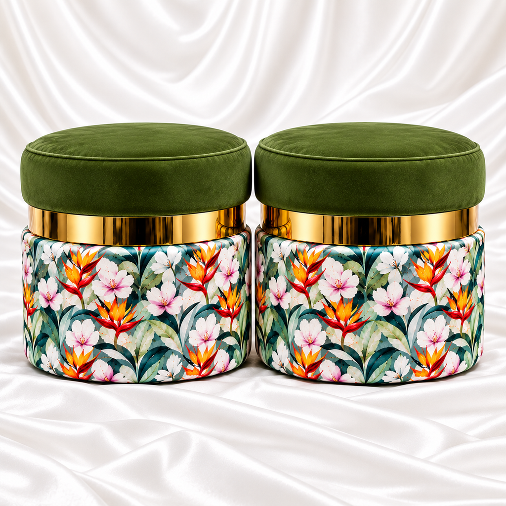 Set of 2 olive green velvet ottoman stools with gold accent bands and colourful tropical floral upholstery – Decorway Pakistan