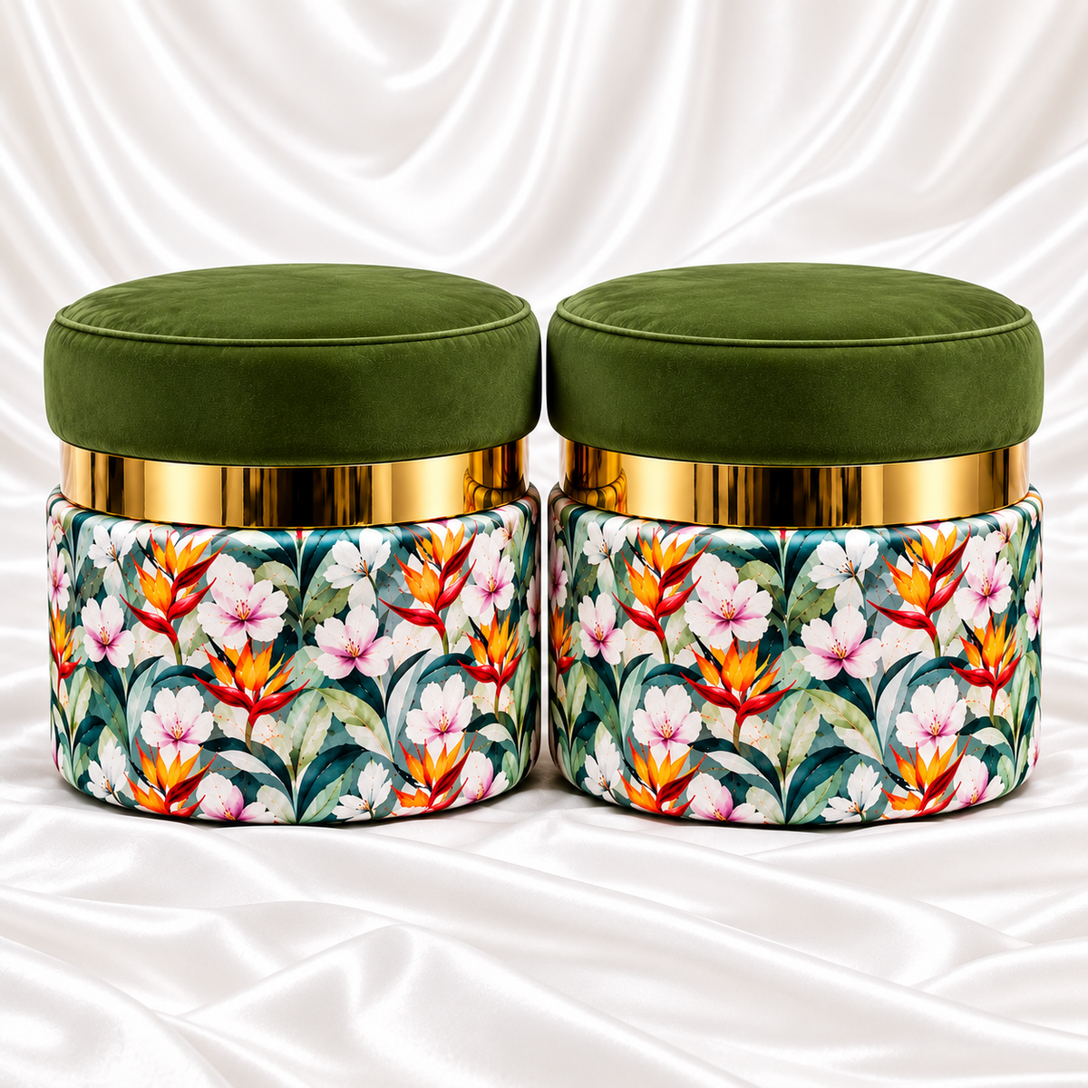 Set of 2 olive green velvet ottoman stools with gold accent bands and colourful tropical floral upholstery – Decorway Pakistan