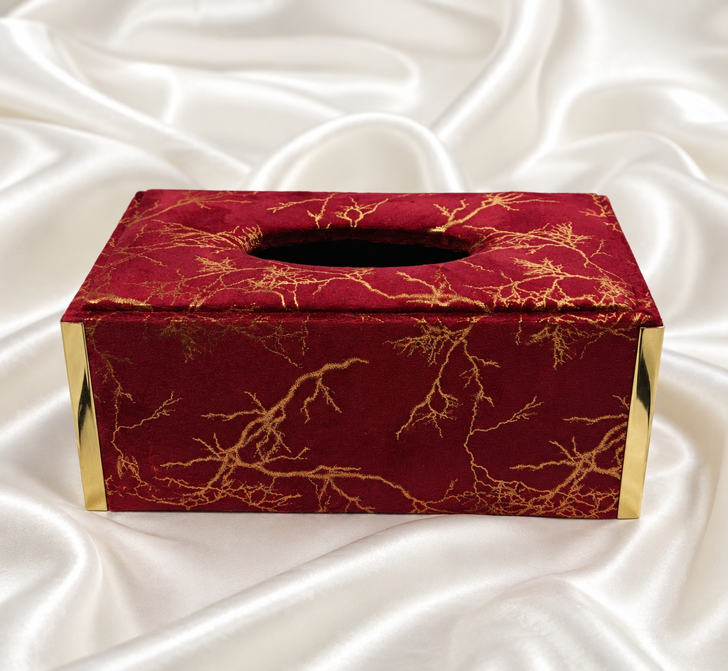 Luxury Maroon Velvet Tissue Box with Gold Vein & Trim