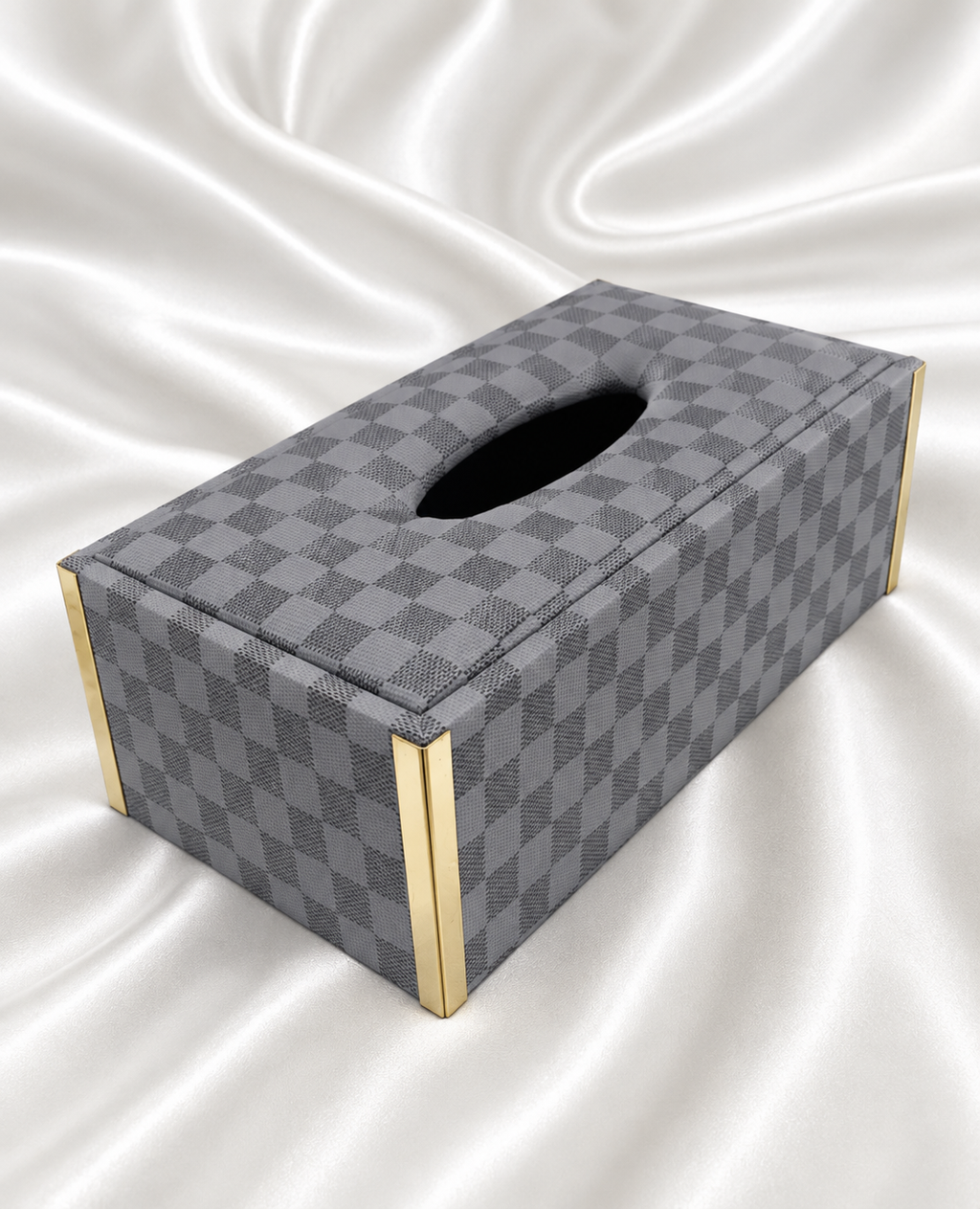 Checkered Pattern Tissue Box Holder with Gold Metal Trim