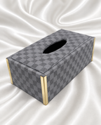 Checkered Pattern Tissue Box Holder with Gold Metal Trim