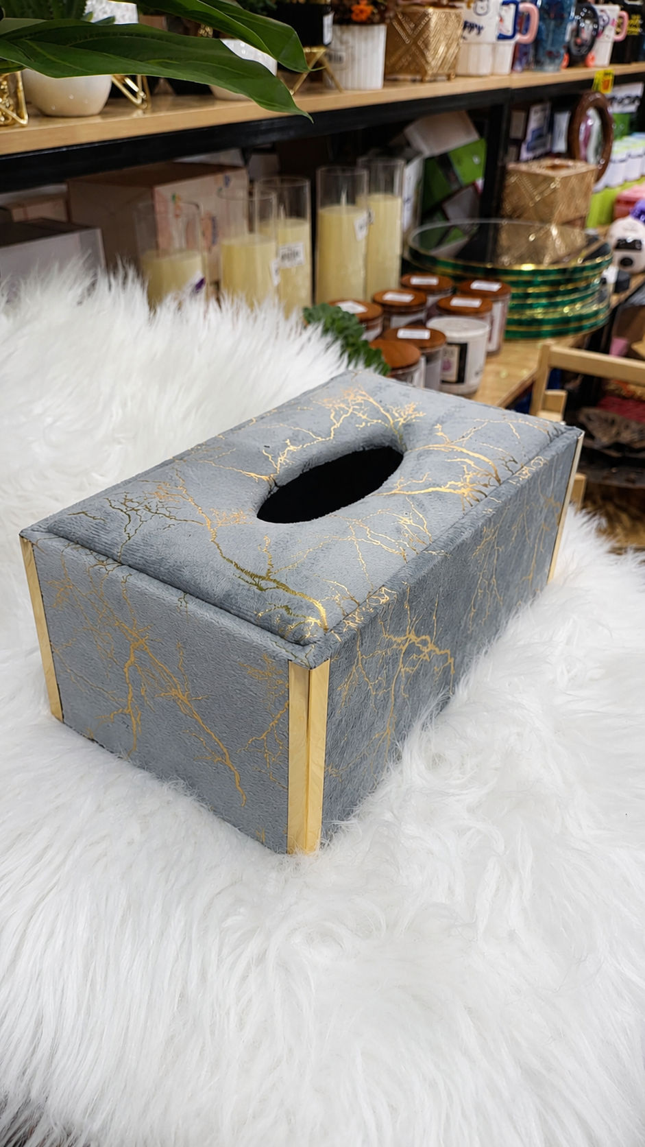 Grey Velvet Tissue Box with Gold Marble Vein & Metal Trim