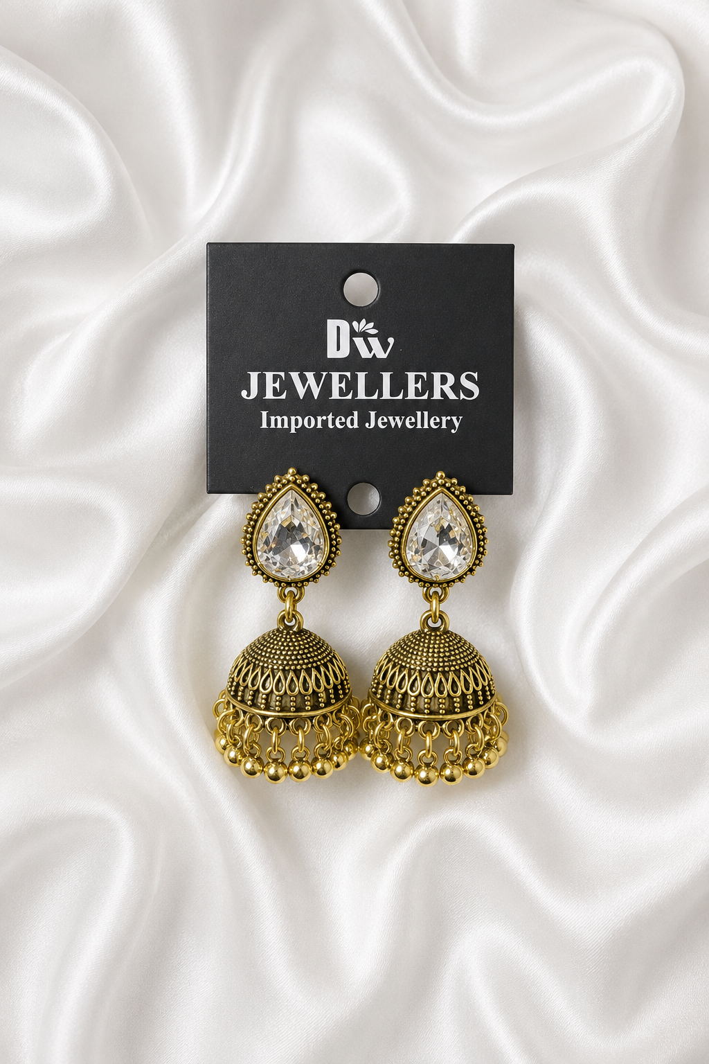 Antique Gold Teardrop Crystal Jhumka Earrings