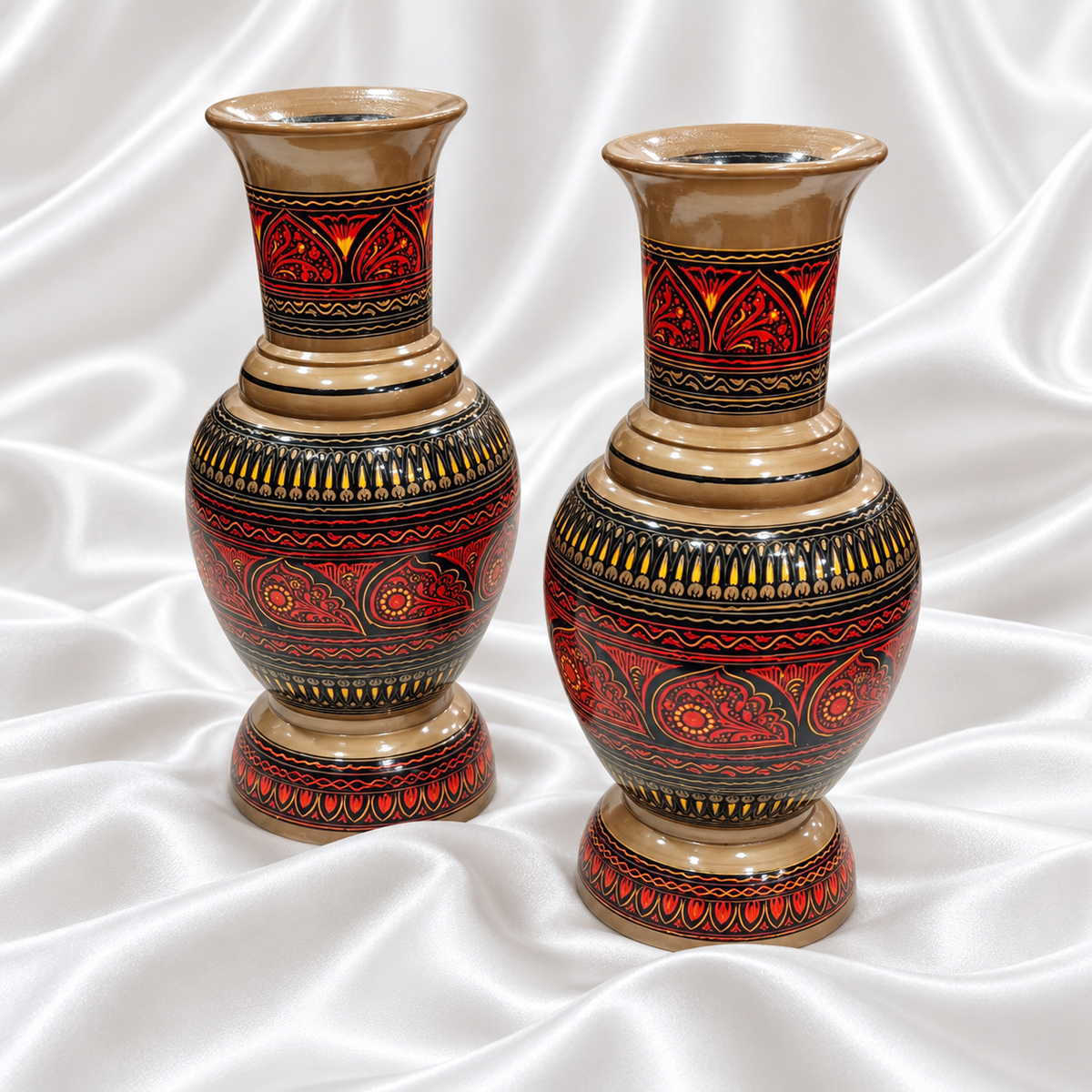 Ornate Red & Brown Decorative Vases — Set of 2