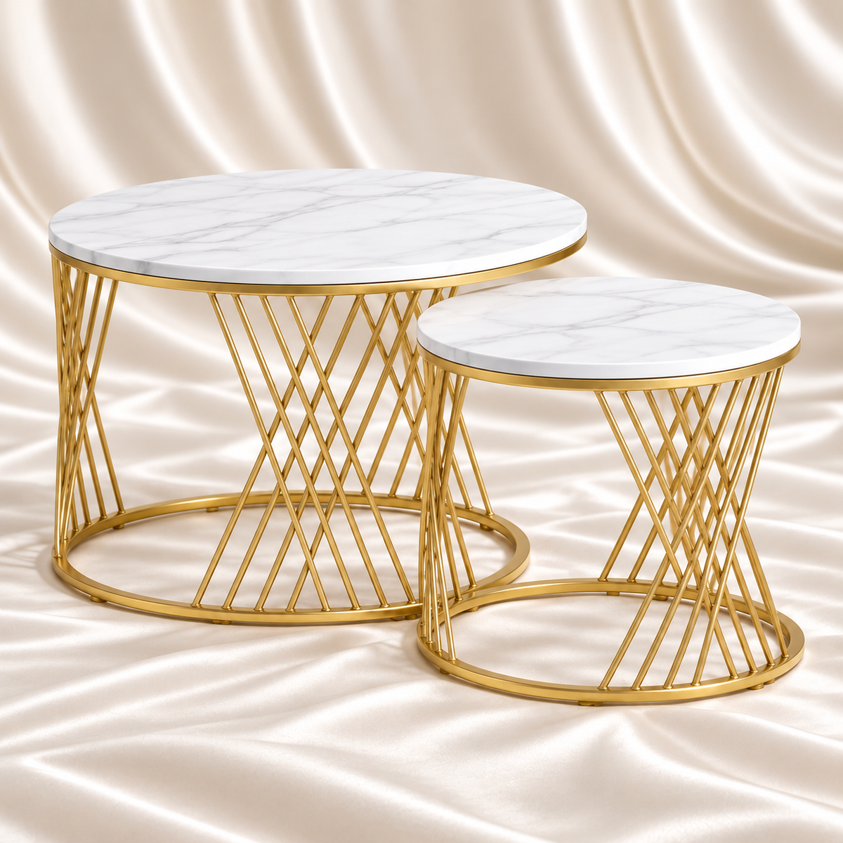 Luxury gold round nesting coffee tables set of 2 with white marble-effect tops and geometric gold metal frames by Decoreway.