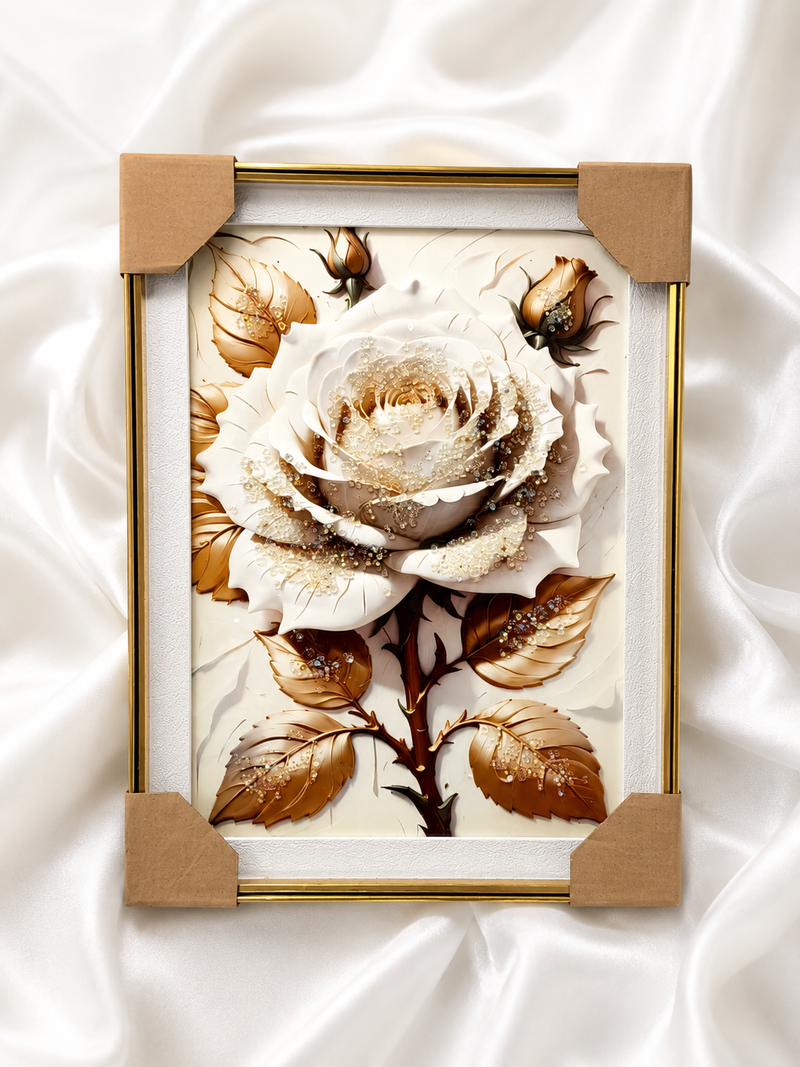 Crystal-Embellished White Rose Framed Art – Luxury Gold-Trim Wall Decor
