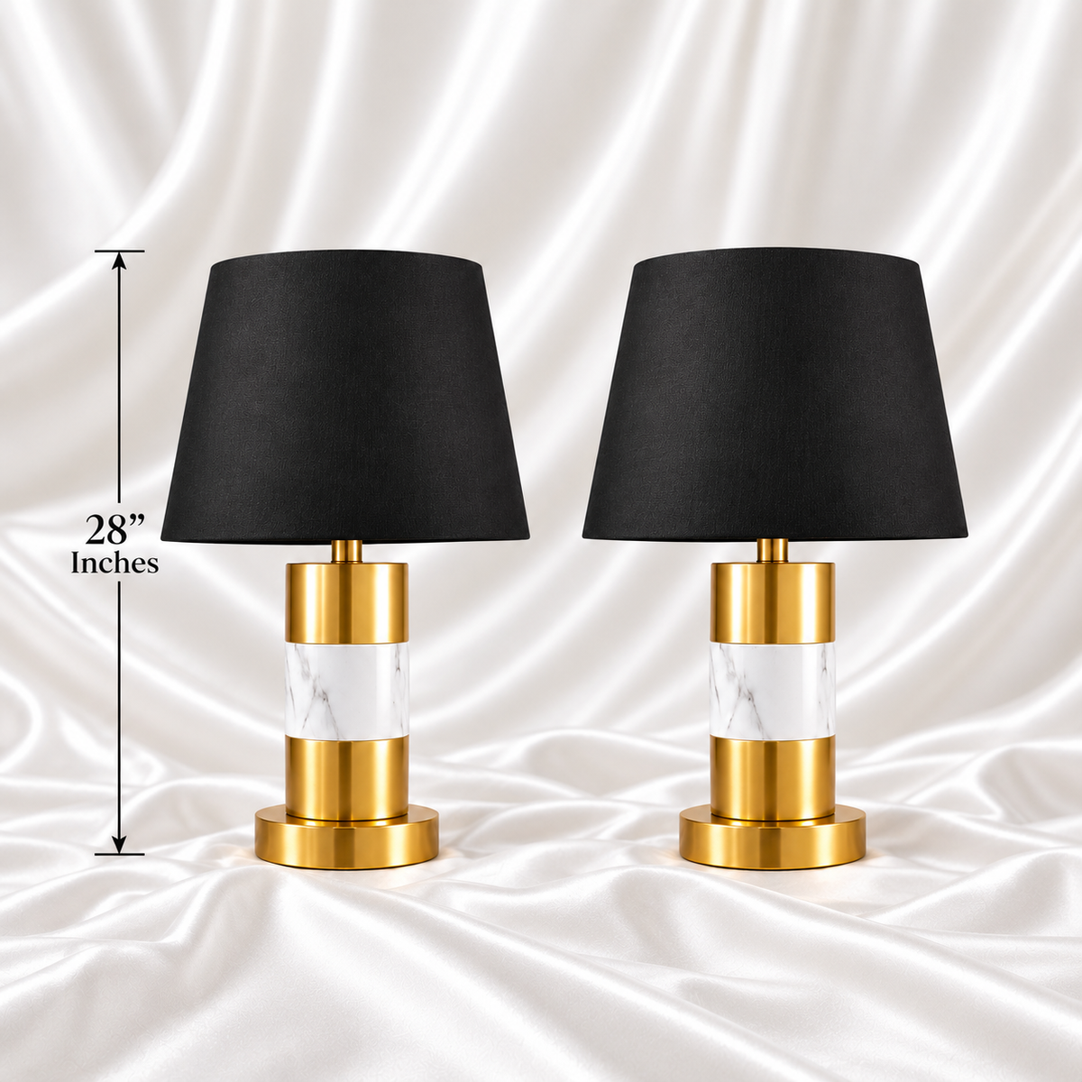 Luxury Black & Gold Marble Table Lamp Pair - 28 inches