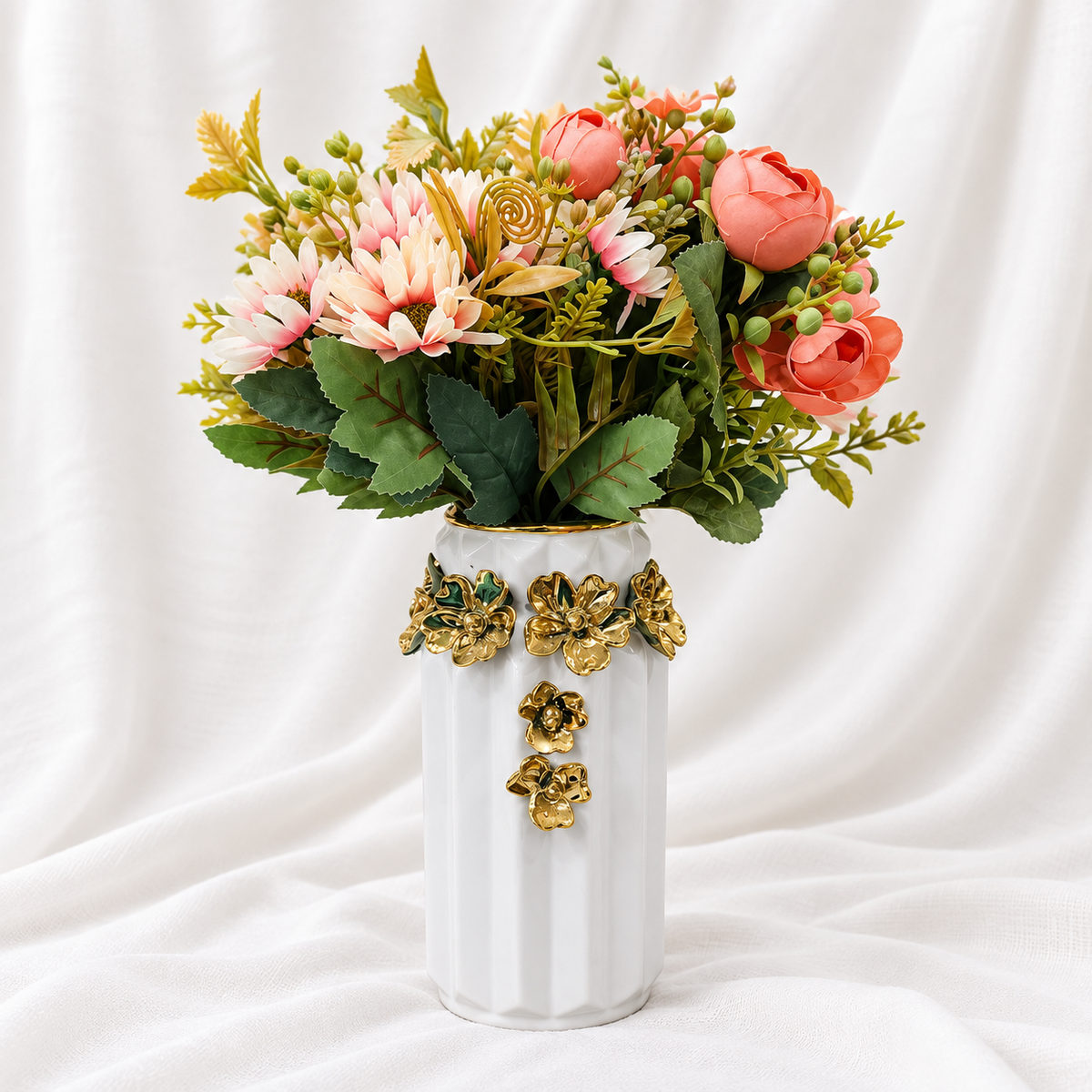 Luxury Gold Floral Decorative Vase Set with Artificial Flowers