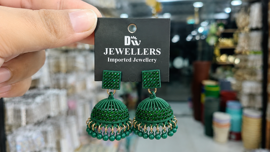 Emerald Green Crystal Jhumka Earrings with Bead Drops