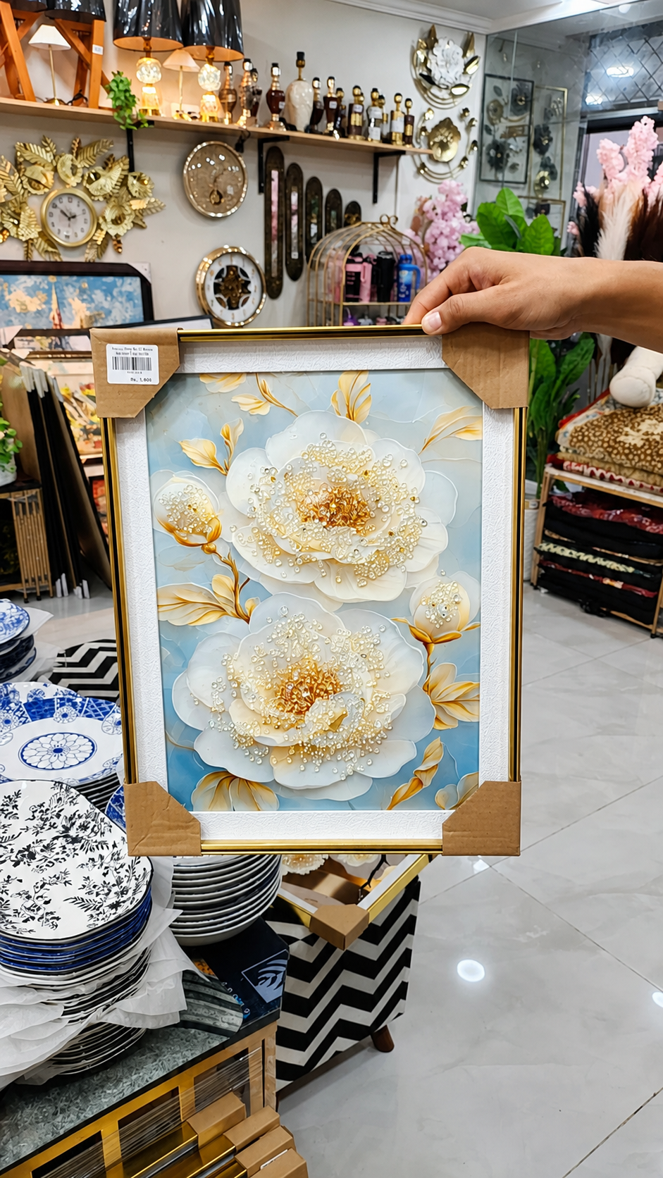 Embellished White Peony Framed Art – Crystal & Pearl Wall Decor