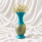 10-inch turquoise decorative vase with distressed gold detailing and white flowers on a white satin background.