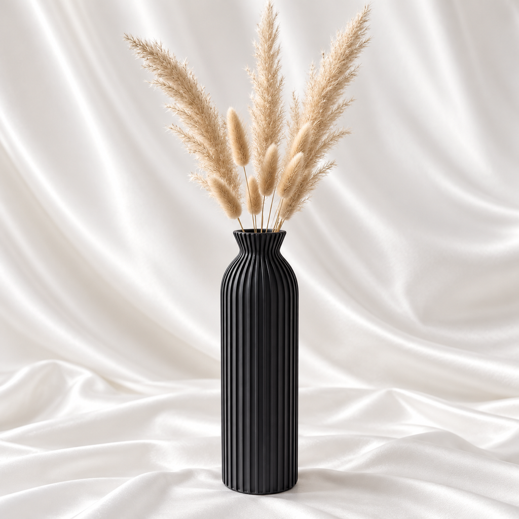9-inch luxury black ribbed tall decorative vase for modern home décor, styled with beige dried pampas stems.