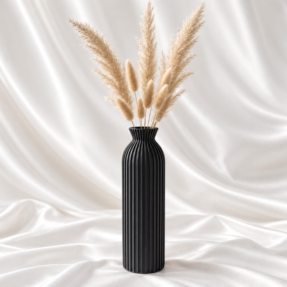 9-inch luxury black ribbed tall decorative vase for modern home décor, styled with beige dried pampas stems.