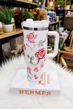 Vintage Rose Print Insulated Tumbler – Large Capacity with Handle & Straw