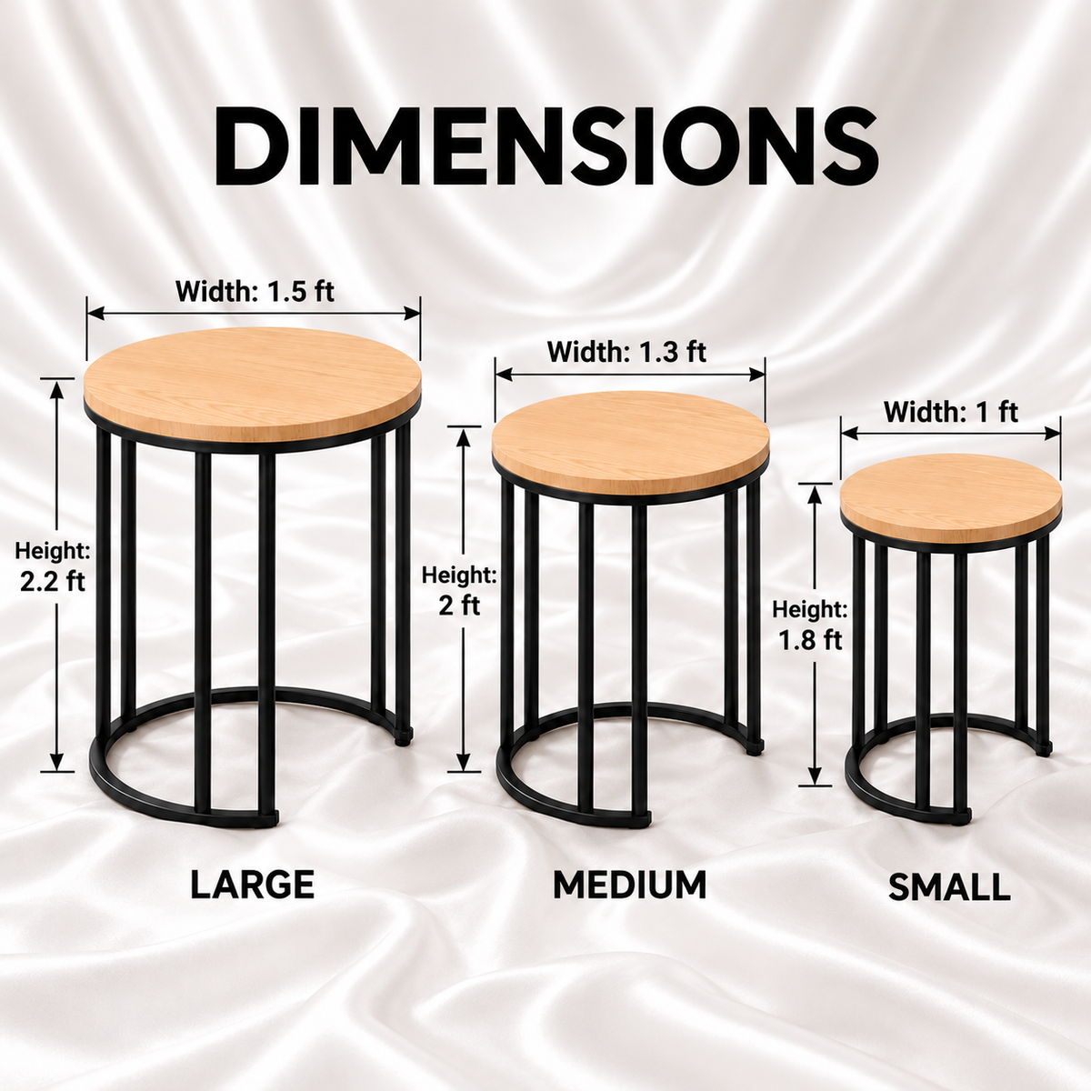 Honey blonde nesting table dimensions: large 1.5 ft wide × 2.2 ft high, medium 1.3 ft × 2 ft, and small 1 ft × 1.8 ft.