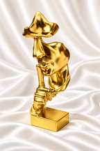 Reflective shiny gold abstract shushing face sculpture with square base on white satin fabric.