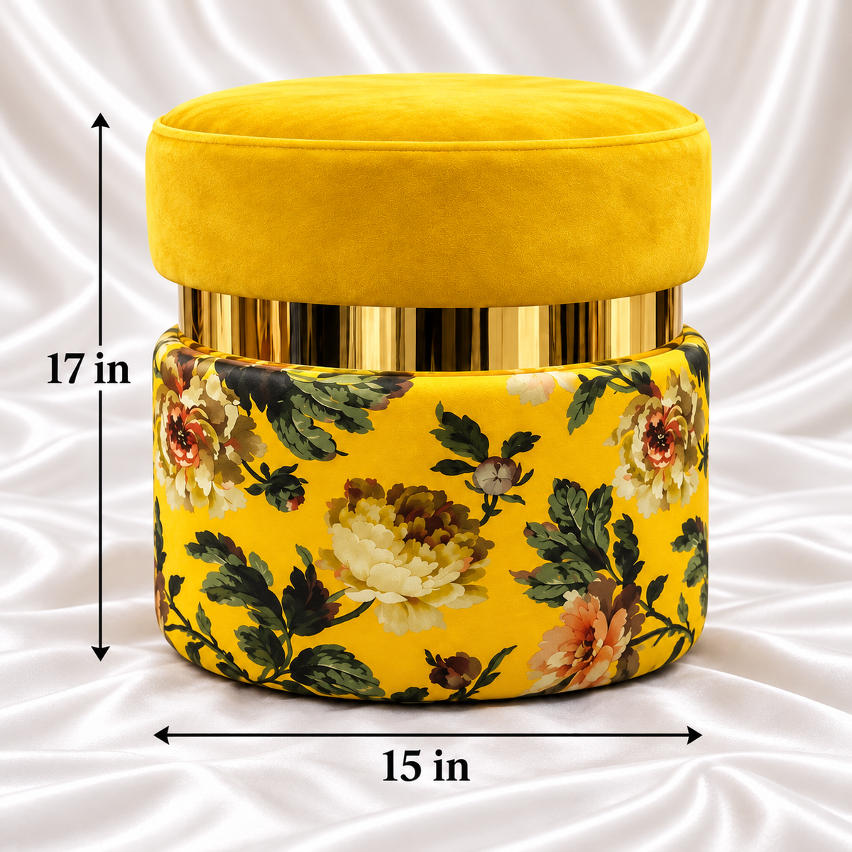 Luxury floral round ottoman stool in mustard yellow with gold-tone accent, measuring 17 inches high and 15 inches wide