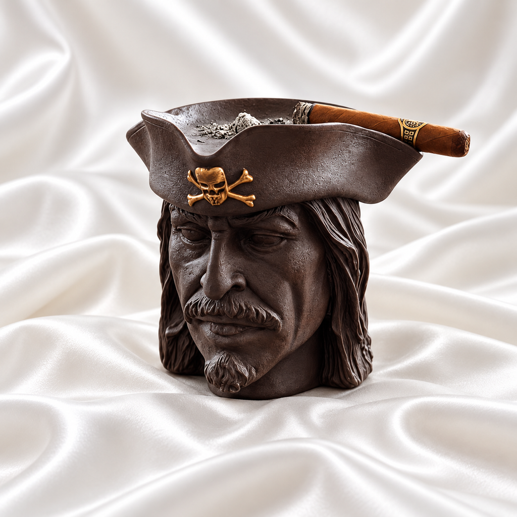 Dark brown pirate head ashtray with sculpted facial details and a gold skull-and-crossbones emblem, holding a cigar on white satin fabric.