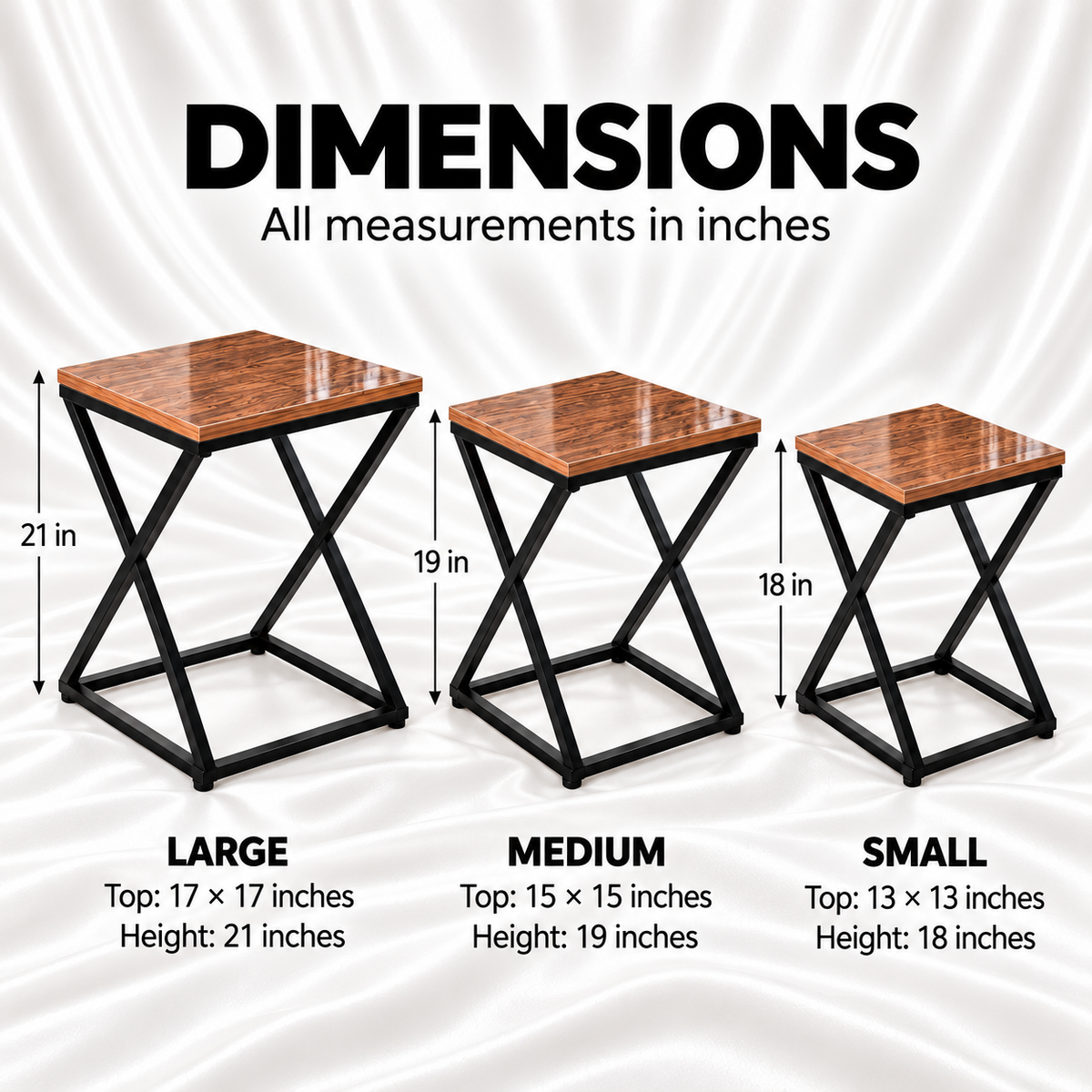 Walnut wood effect nesting tables set of 3 showing large 21-inch, medium 19-inch and small 18-inch heights with black X-frame legs.