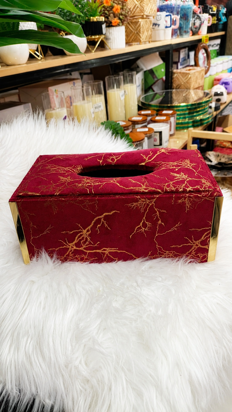 Luxury Maroon Velvet Tissue Box with Gold Vein & Trim