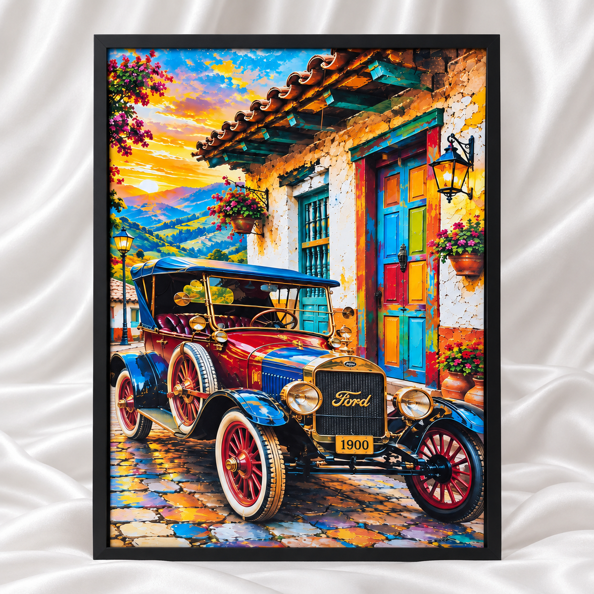 Vintage classic car wall art with vibrant retro architecture and detailed automobile artwork presented in an elegant black frame.