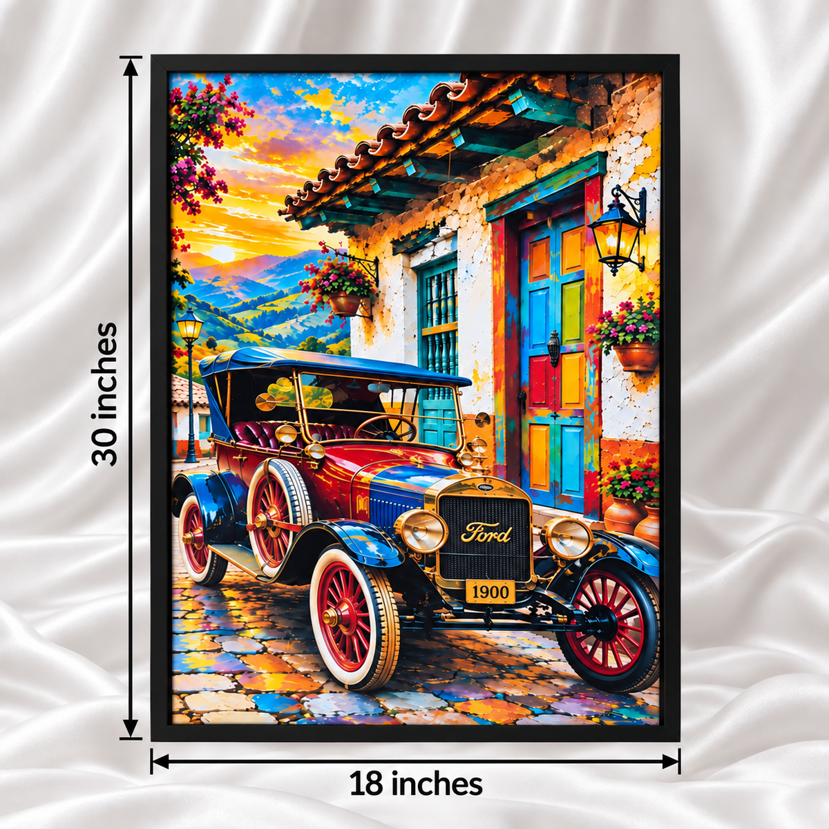 30 x 18 inch vintage classic car framed wall art featuring a colourful architectural background with visible size measurements.