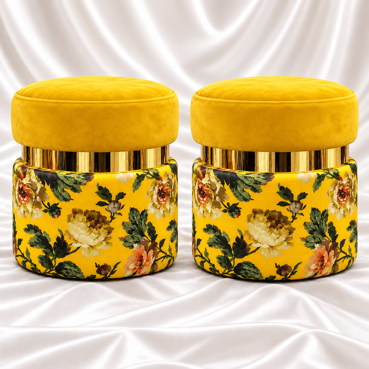 Matching pair of luxury mustard yellow floral ottoman stools with gold-tone detailing and cushioned seats – Decoreway