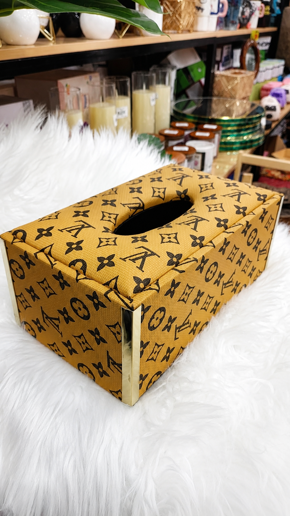 Classic Monogram Print Tissue Box Holder with Gold Metal Trim