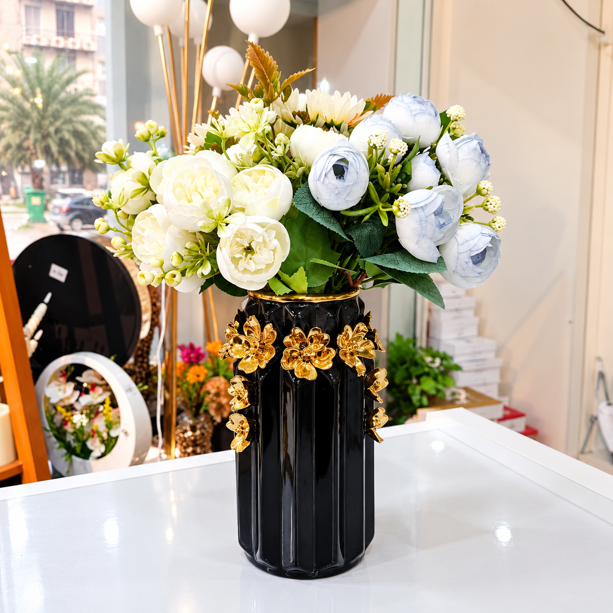 Luxury Gold Floral Decorative Vase Set with Artificial Flowers