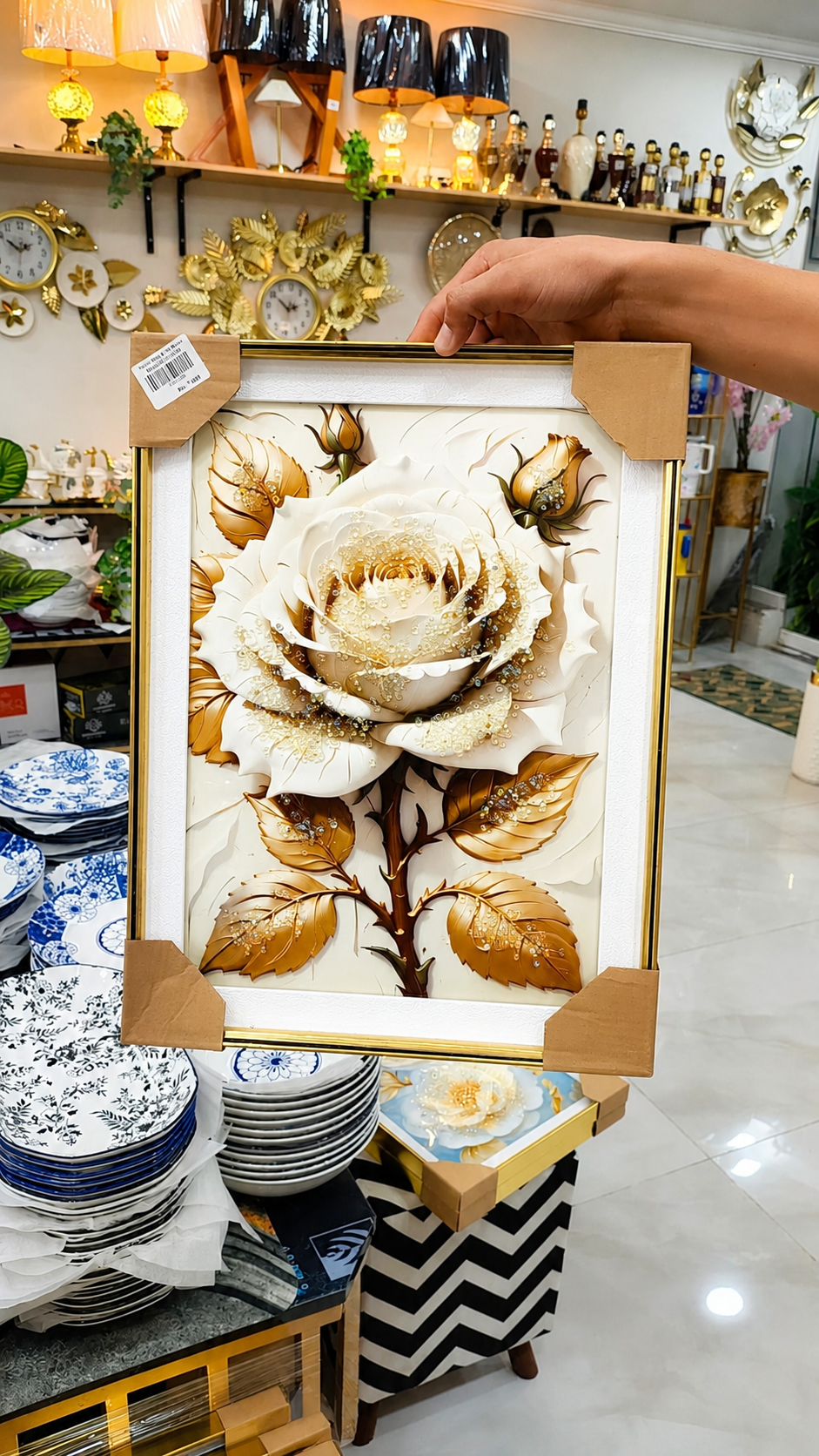 Crystal-Embellished White Rose Framed Art – Luxury Gold-Trim Wall Decor
