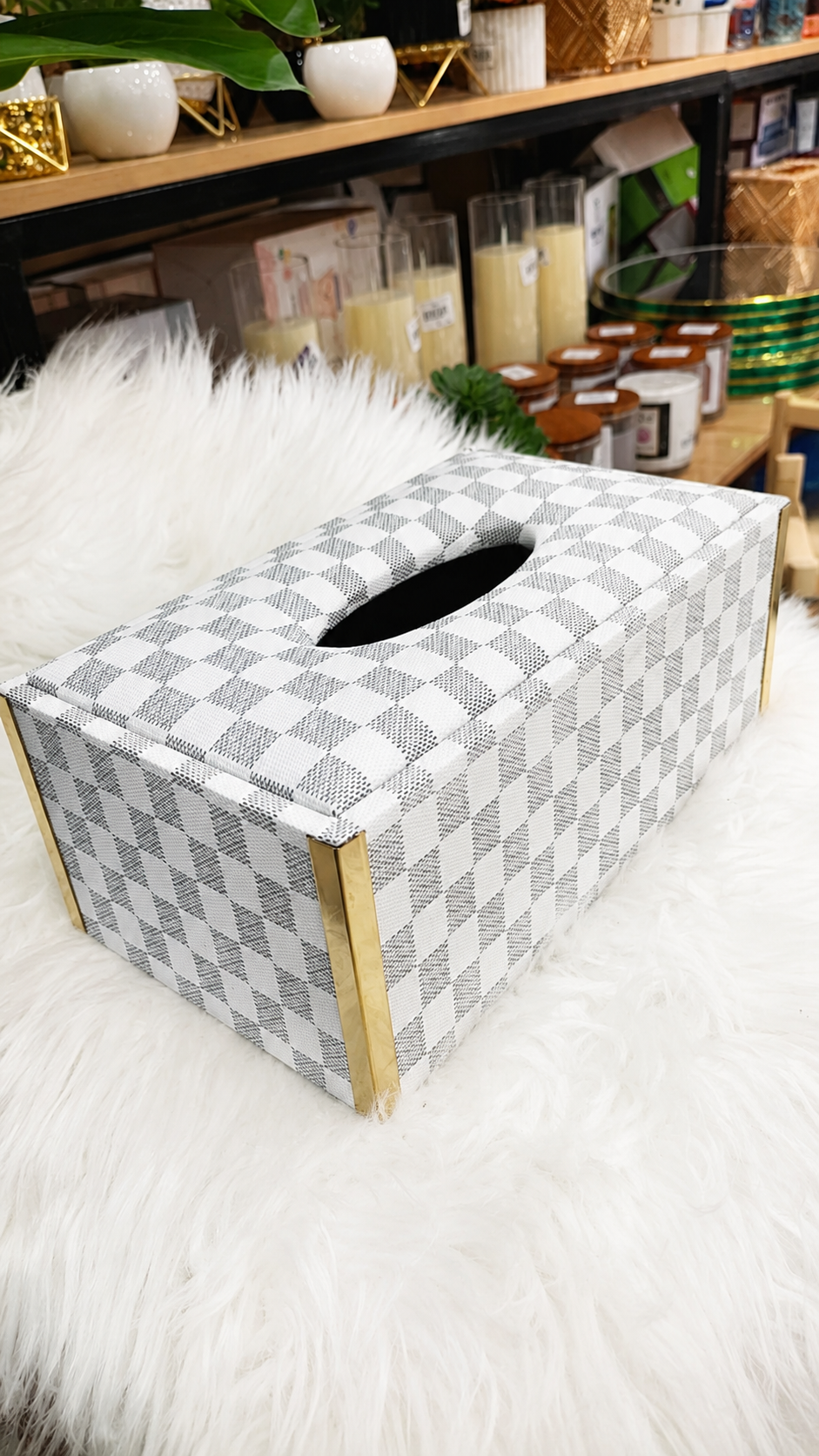 Checkered Pattern Tissue Box Holder with Gold Metal Trim