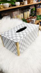 Checkered Pattern Tissue Box Holder with Gold Metal Trim