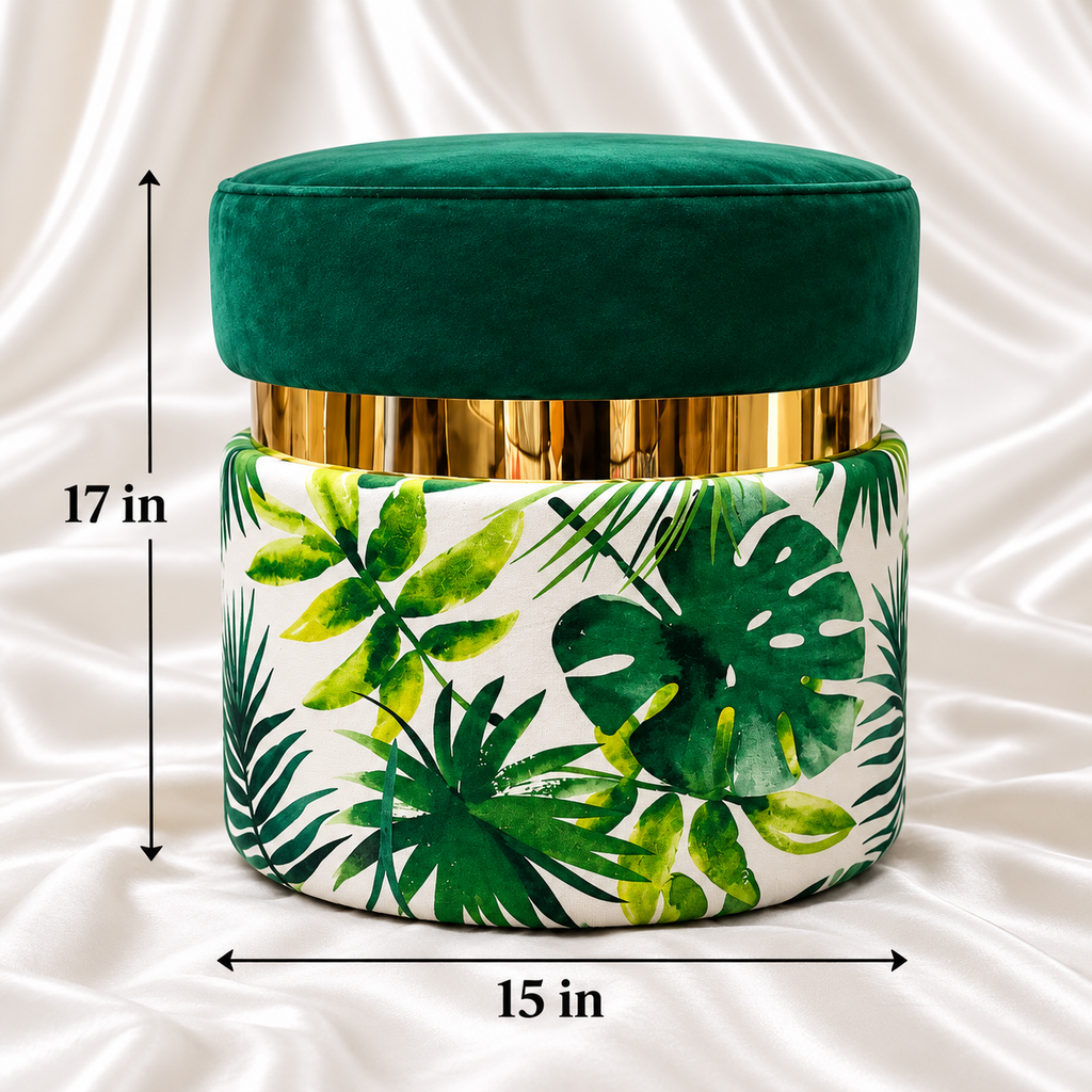 Emerald green tropical leaf velvet ottoman stool with gold accent showing 17-inch height and 15-inch width – luxury accent furniture by Decoreway.