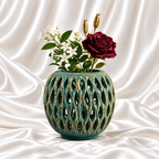 5.5-inch antique teal and gold openwork decorative vase with floral arrangement for luxury home decor.