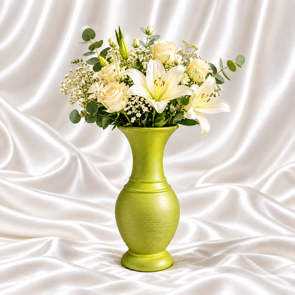 10-inch lime green decorative vase with a textured body and white floral arrangement on a white satin background.