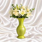 10-inch lime green decorative vase with a textured body and white floral arrangement on a white satin background.