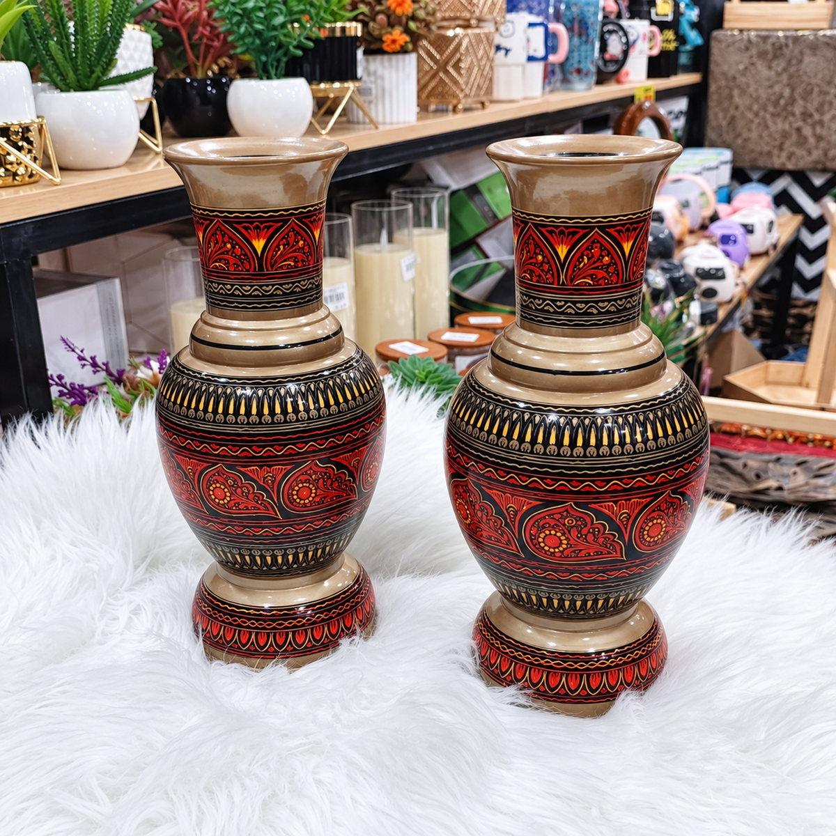Ornate Red & Brown Decorative Vases — Set of 2