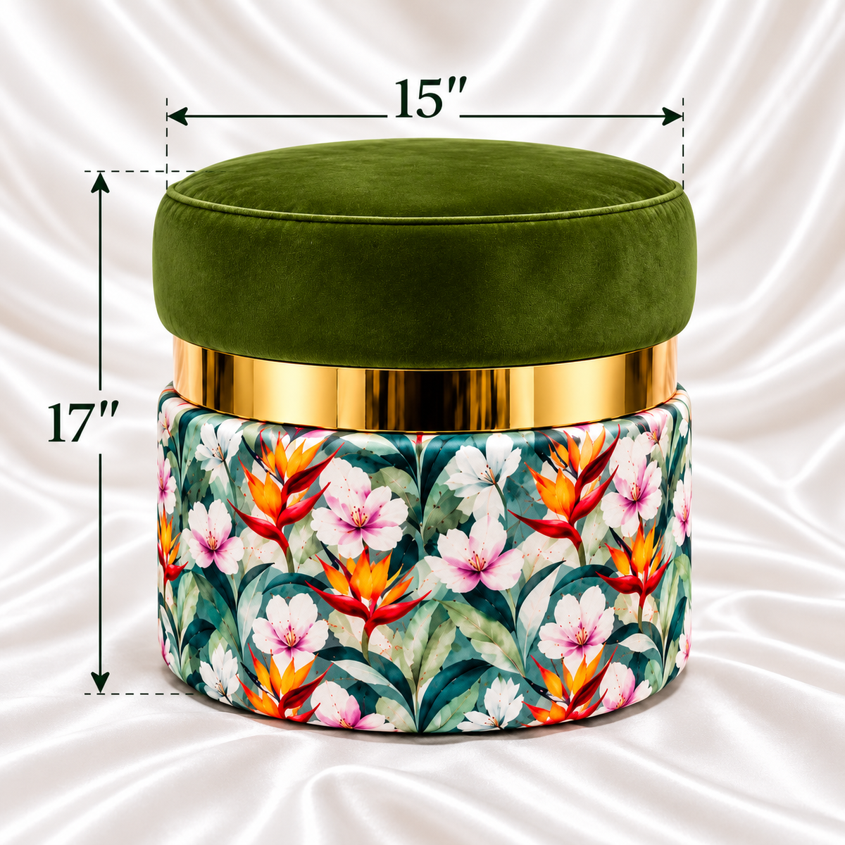 

Luxury olive green velvet ottoman stool with gold metal accent and tropical floral upholstered base, 17 inches height and 15 inches diameter, by Decoreway.
