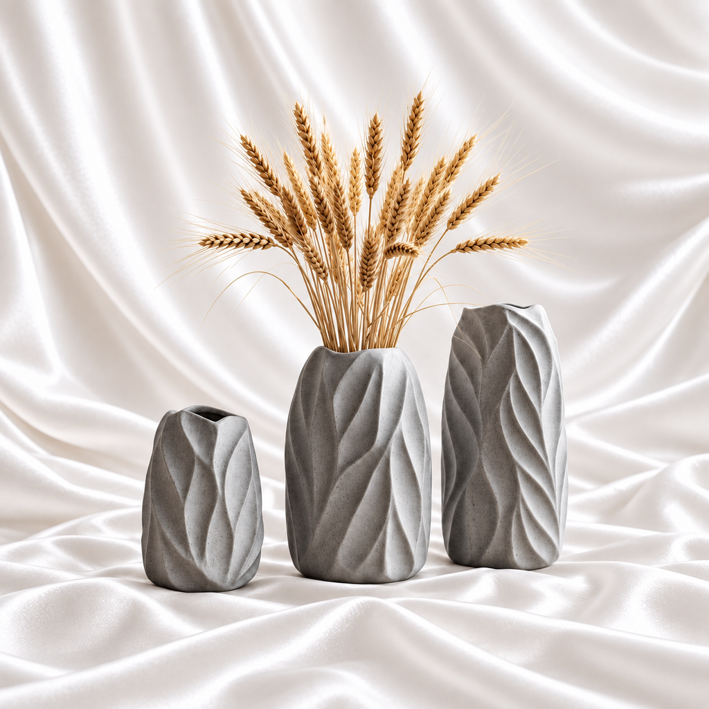 Set of three grey decorative vases with sculpted leaf patterns, displayed with dried wheat against a white satin fabric background.