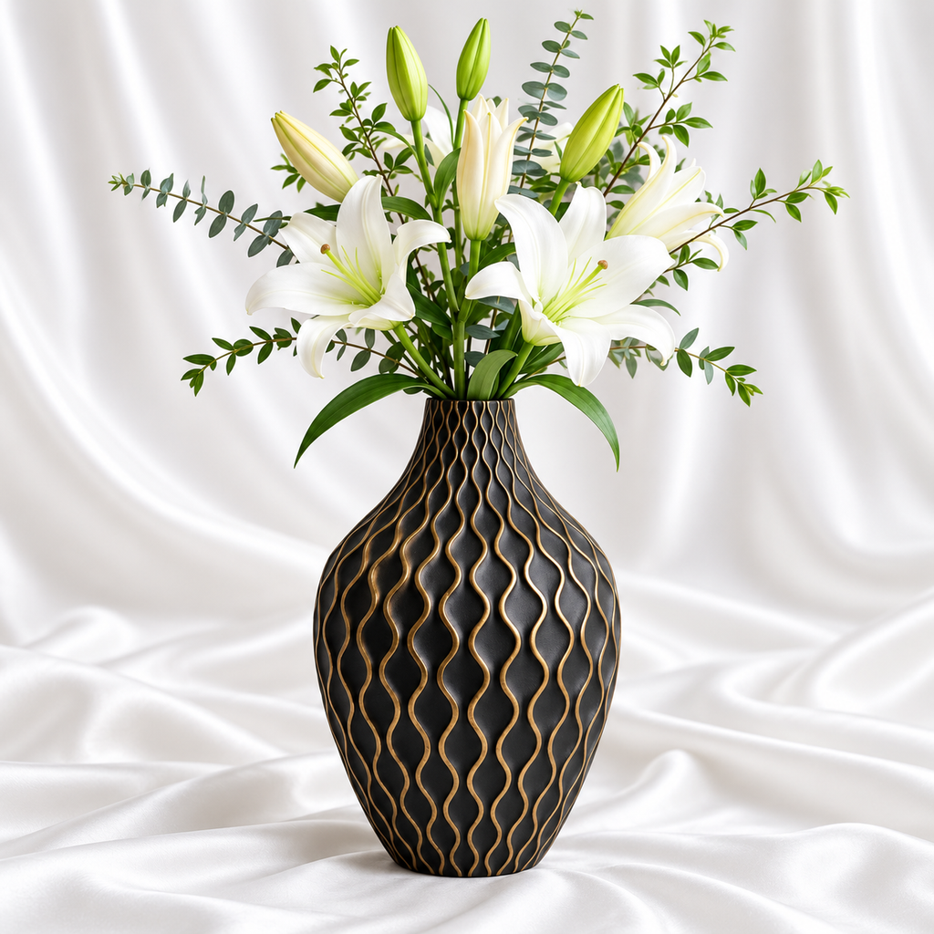 Modern black decorative flower vase with gold wave pattern displayed with white lilies