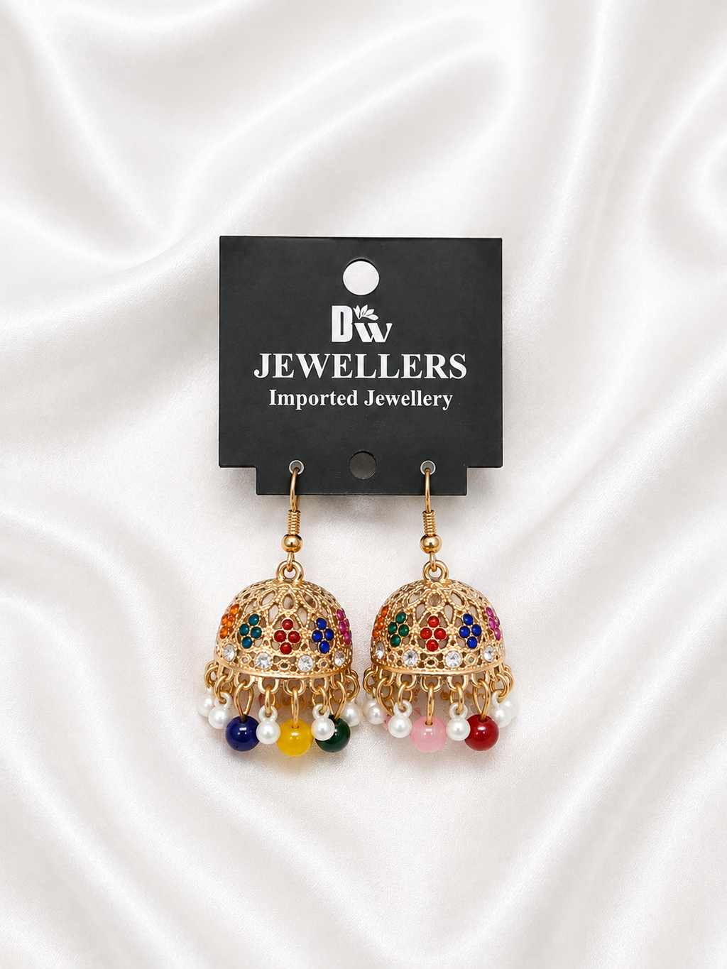 Golden Filigree Jhumkas with Multicolor Stones & Bead Fringe