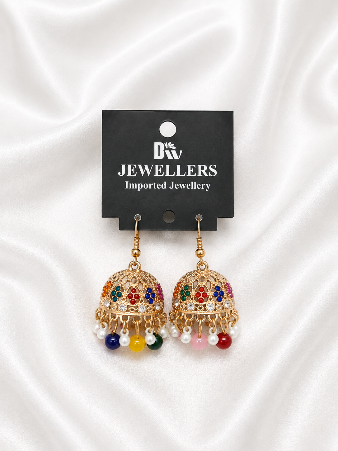 Golden Filigree Jhumkas with Multicolor Stones & Bead Fringe