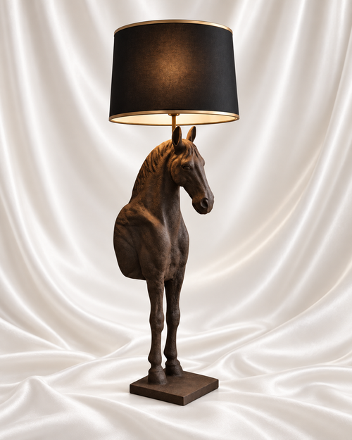 4.5 ft antique bronze horse floor lamp with black lampshade