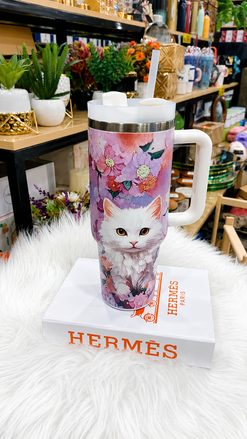 1.5L Floral Cat Stainless Steel Tumbler – Insulated Hot & Cold