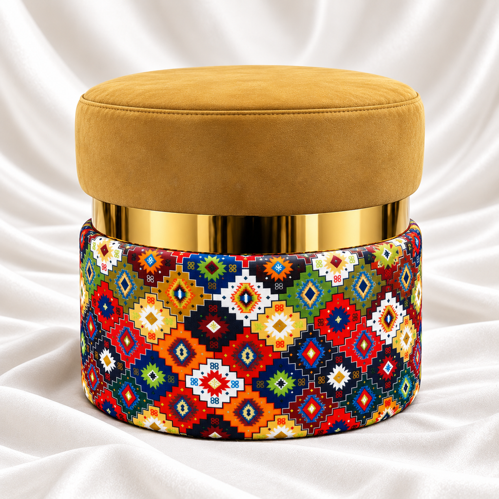 Single mustard gold velvet round ottoman stool with polished gold accent band and vibrant multicolour geometric patterned base by Decoreway.