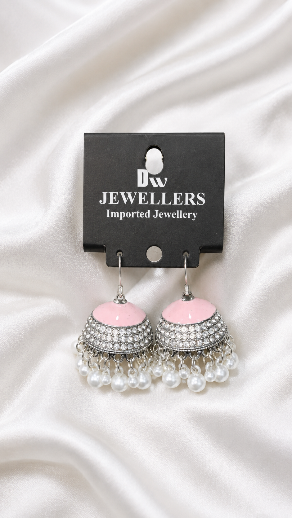 Pink Silver Pearl Jhumka Earrings