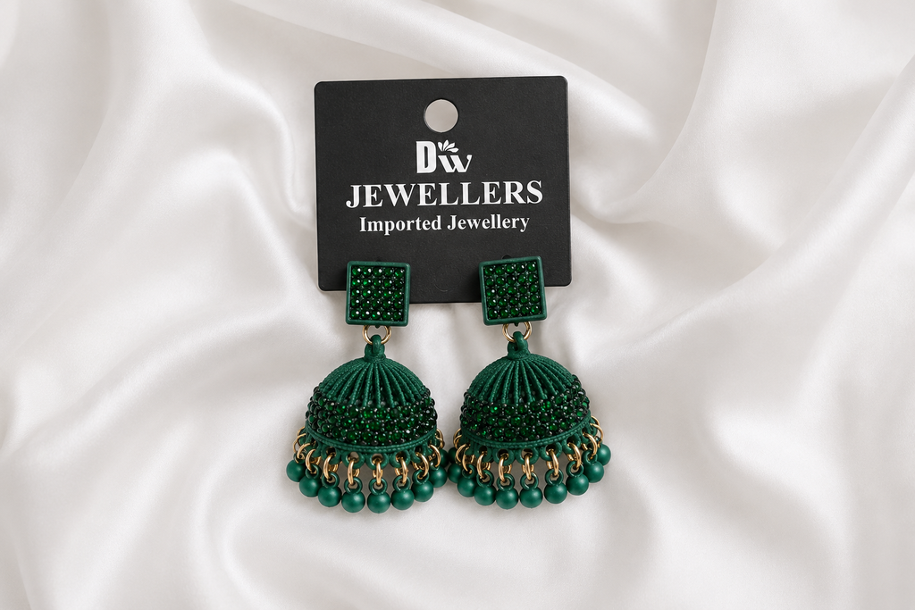 Emerald Green Crystal Jhumka Earrings with Bead Drops