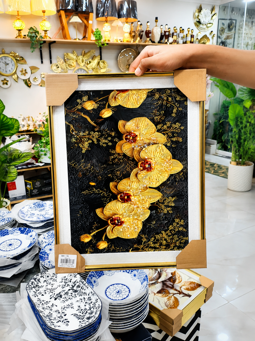 Luxury Golden Orchid Framed Art – Crystal Embellished Wall Decor