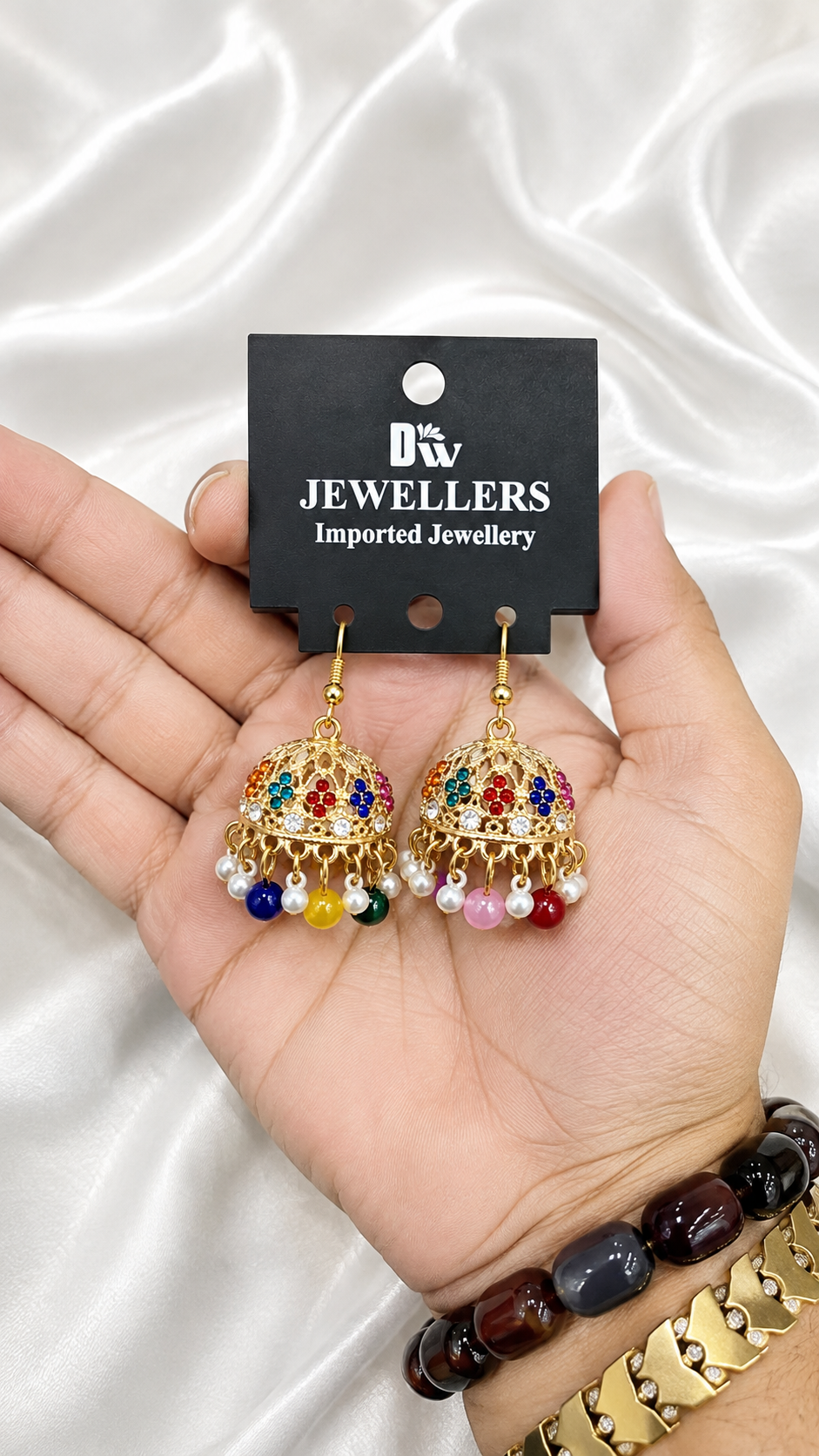 Golden Filigree Jhumkas with Multicolor Stones & Bead Fringe